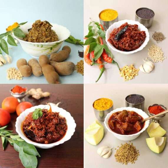 Andhra Home Made Veg Pickles Combo Pack : Mango, Red Chilli, Green Tamarind, Tomato Pickle