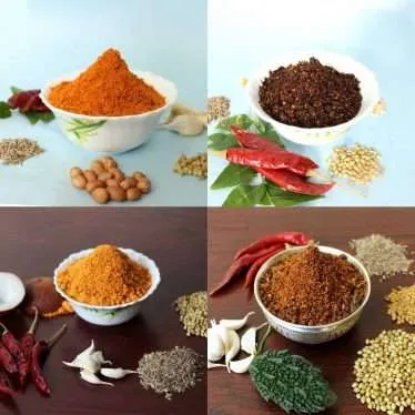 Andhra HomeMade Powders & Masalas Combo Pack : Nalla Karam + Kobbari Karam + Palli Karam + Kakarakaya Karam