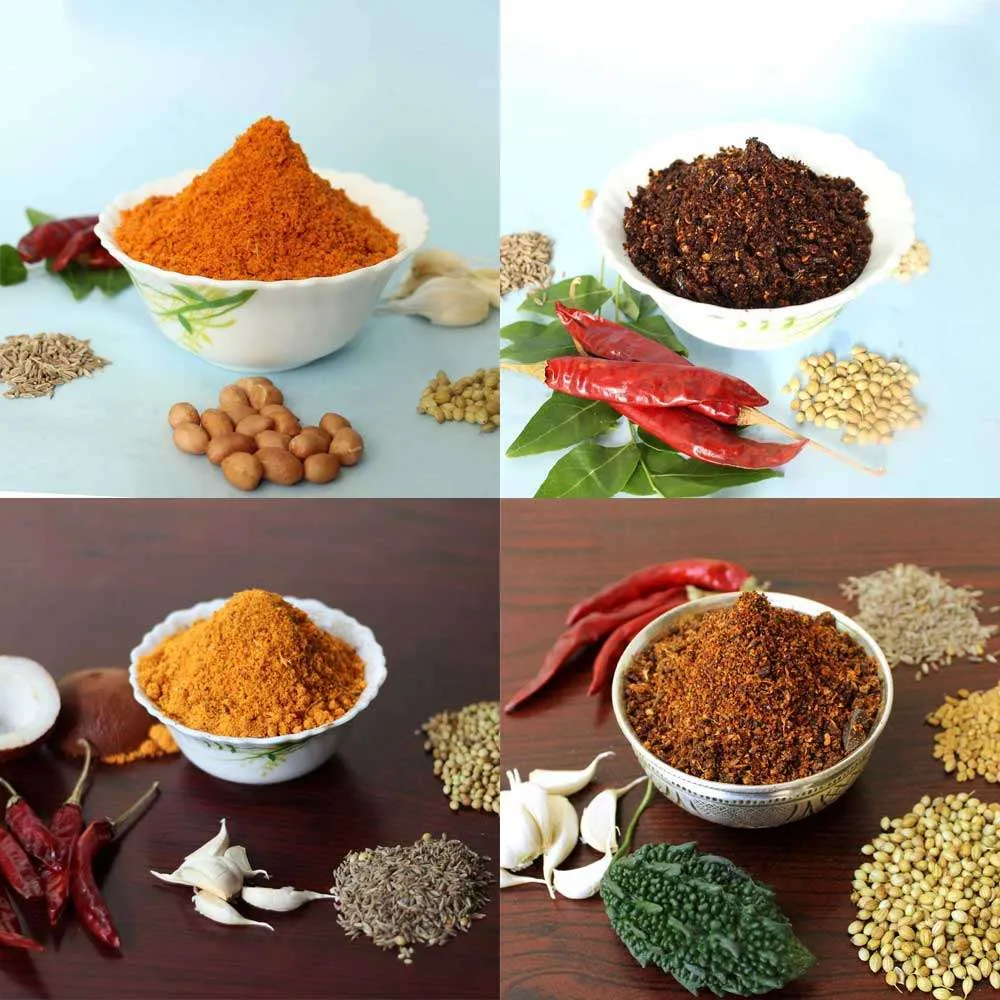 Andhra HomeMade Powders & Masalas Combo Pack : Nalla Karam + Kobbari Karam + Palli Karam + Kakarakaya Karam